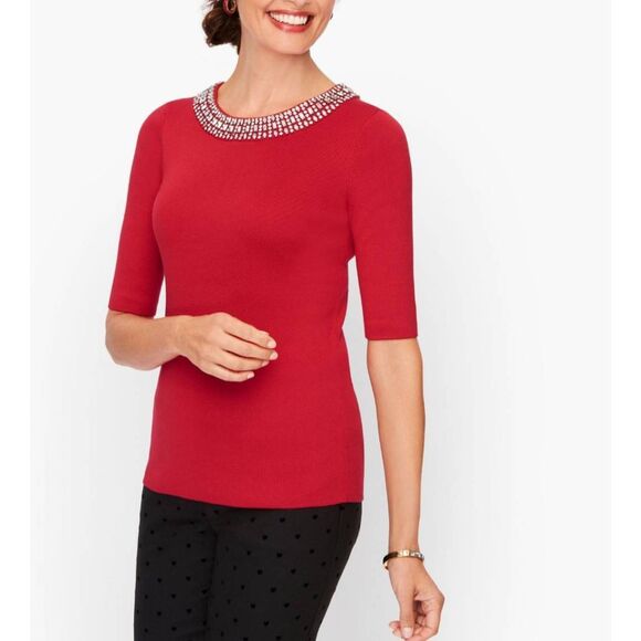 Talbots Red Knit Blouse Embellished Jeweled Neckline Sweater Career Comfort NEW - Picture 1 of 9